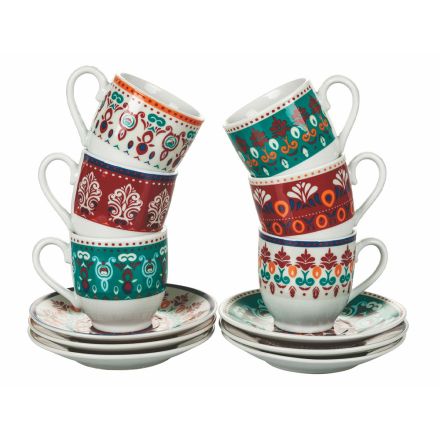 Tasses à Café et Soucoupe en Porcelaine de Couleurs Assorties 12 Pcs - Persia Viadurini