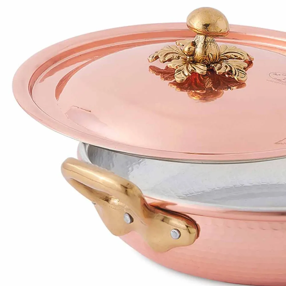 Casserole Design Rond en Cuivre Étamé avec Couvercle 20 cm - Mariastella Viadurini