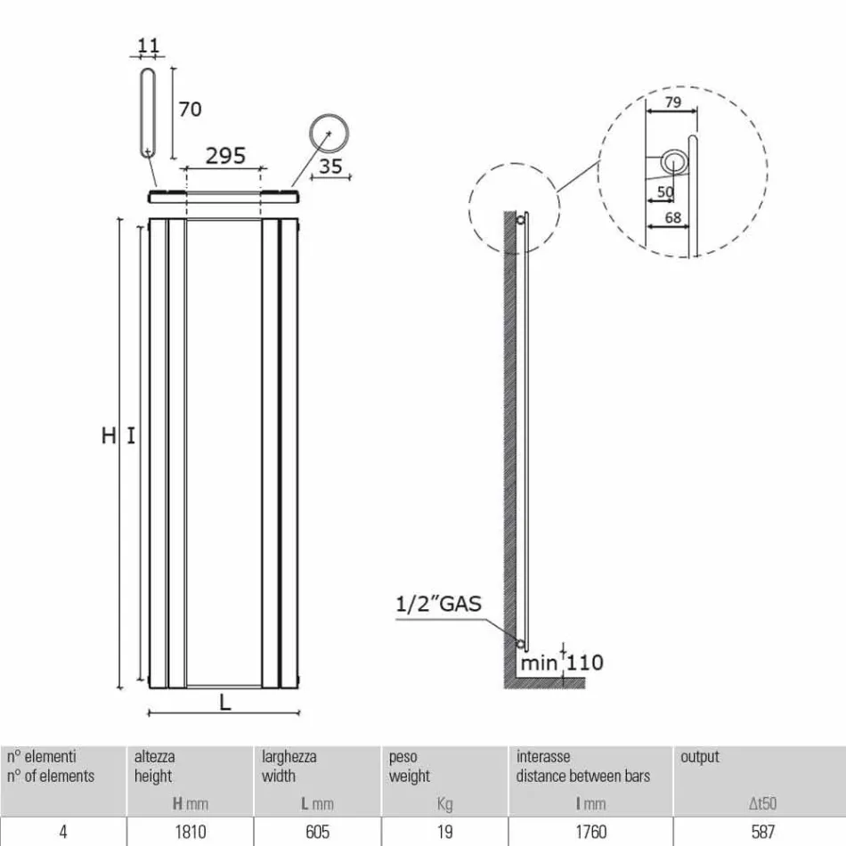 Radiateur de salle de bain vertical design en acier avec miroir 587 W - Picchio Viadurini