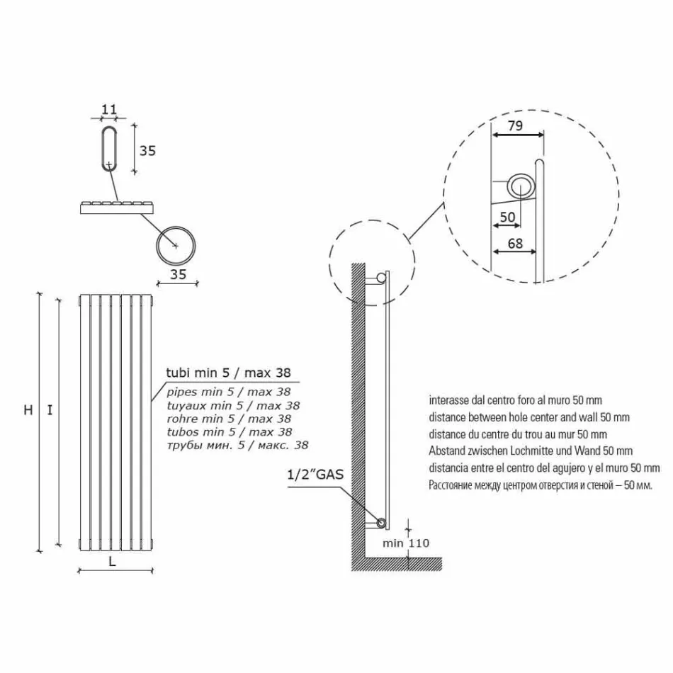 Radiateur mural hydraulique vertical de conception moderne jusqu'à 1224 watts - Regolo Viadurini