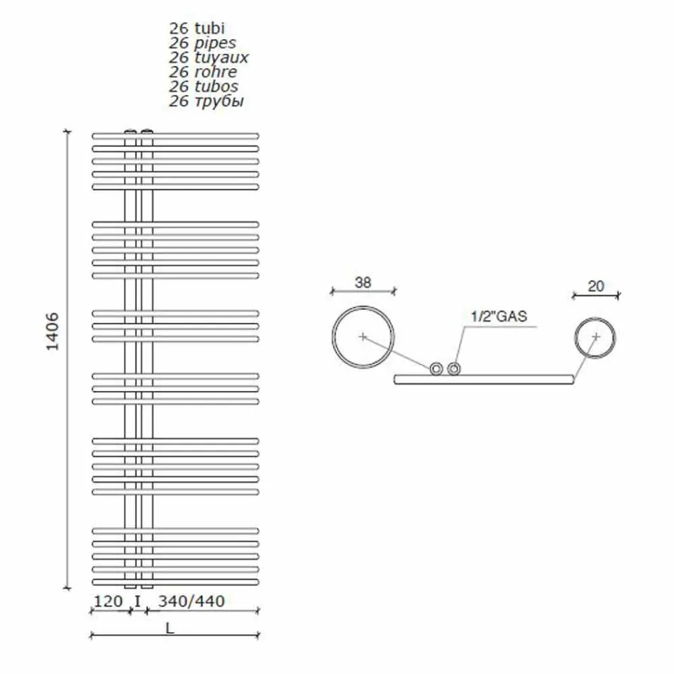 Radiateur Chauffe-serviettes chromé en acier de conception hydraulique 483 W - Pavone Viadurini