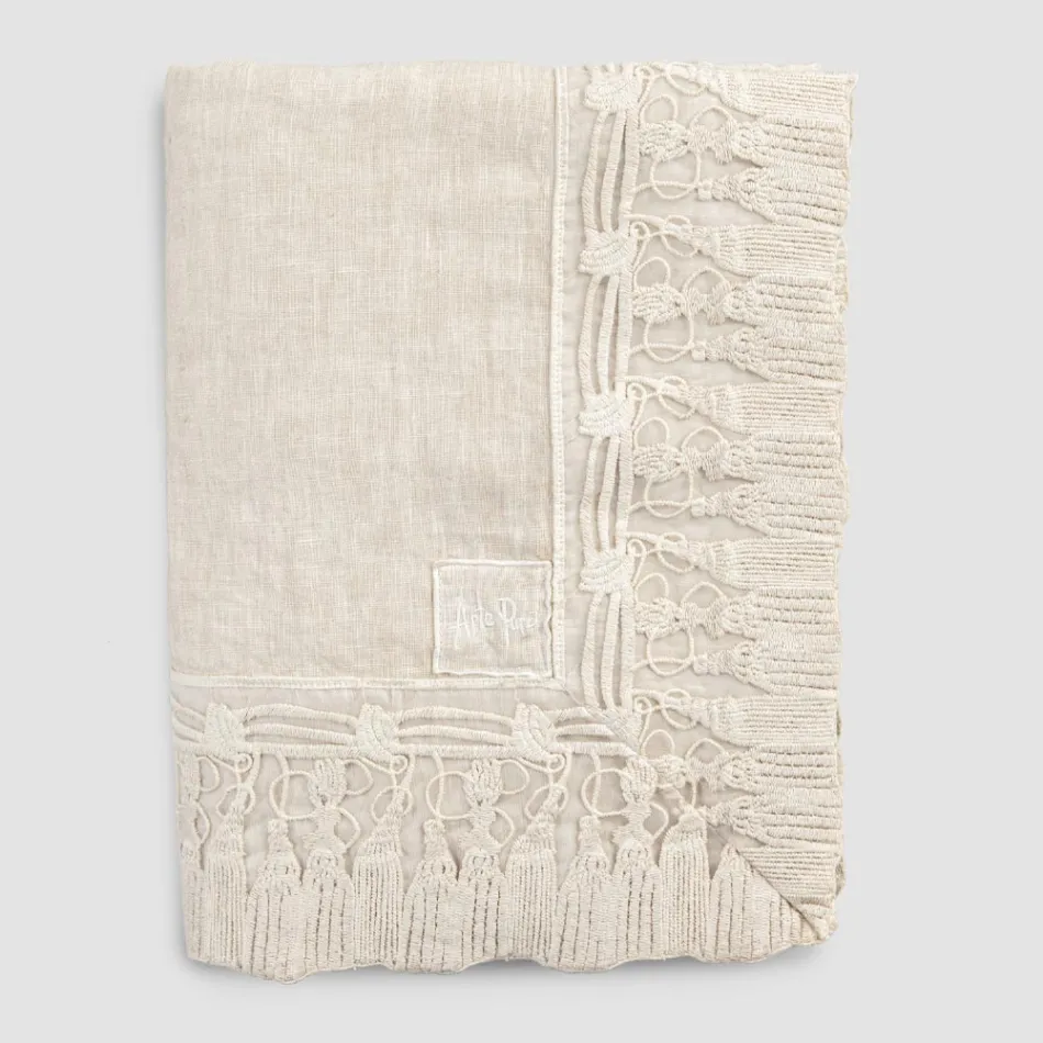 Nappe rectangulaire en lin beige avec cadre en dentelle à pompons de luxe - Zippel Viadurini