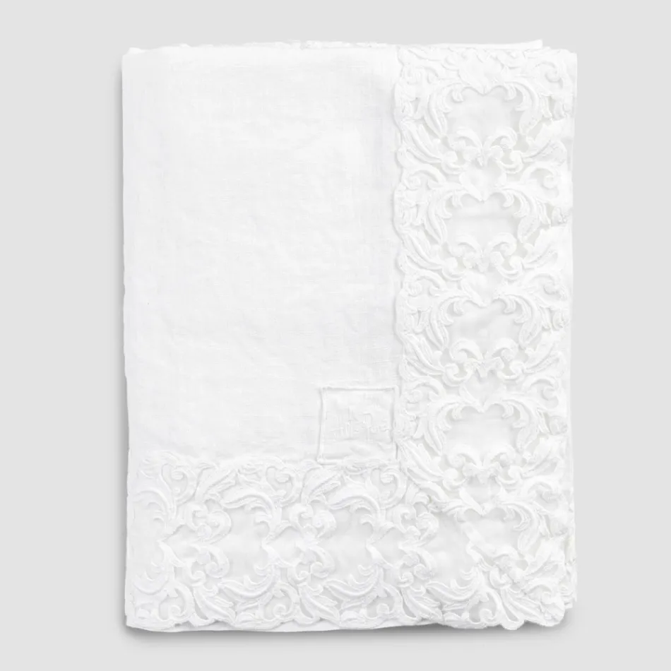 Nappe en lin blanc ou beurre avec motif rectangulaire en dentelle Farnèse - Kippel Viadurini