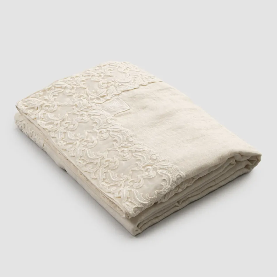 Nappe en lin blanc ou beurre avec motif rectangulaire en dentelle Farnèse - Kippel Viadurini