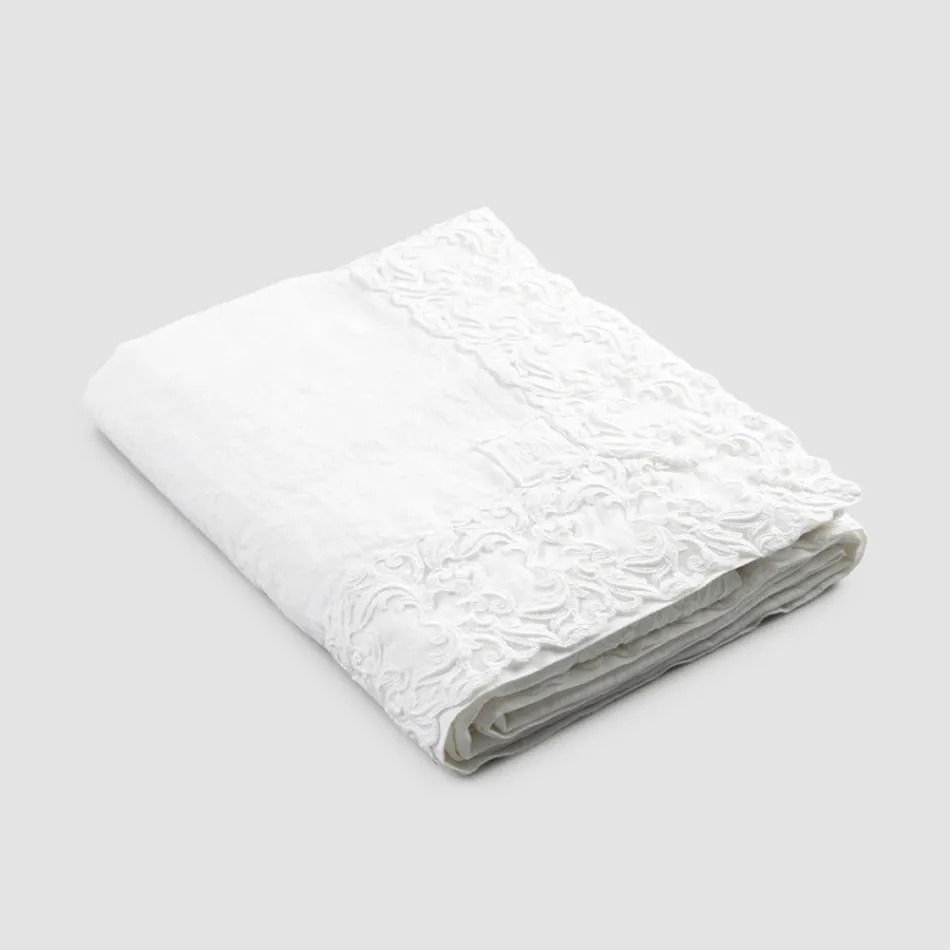Nappe en lin blanc ou beurre avec motif rectangulaire en dentelle Farnèse - Kippel Viadurini