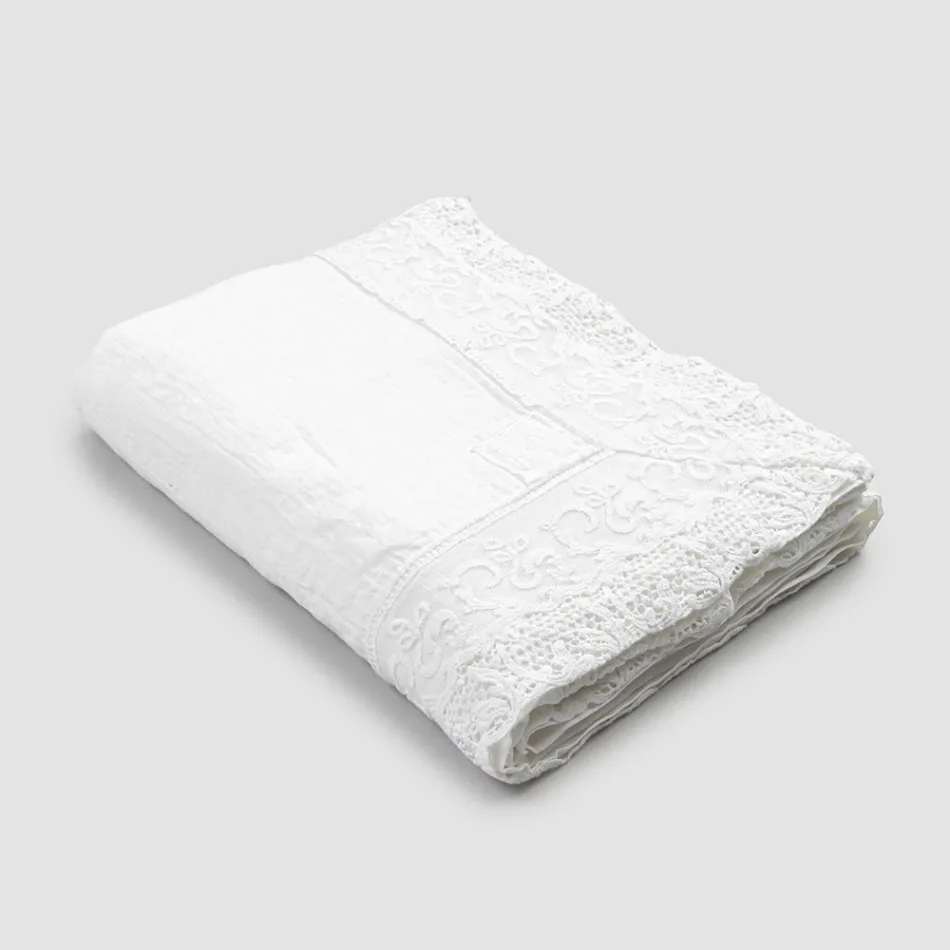 Nappe rectangulaire de luxe en lin blanc avec cadre ou dentelle - Davinci Viadurini