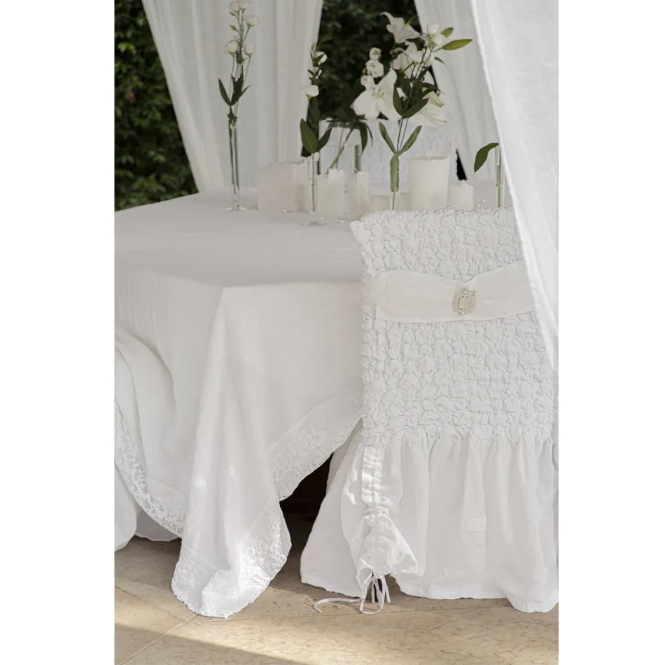 Nappe rectangulaire de luxe en lin blanc avec cadre ou dentelle - Davinci Viadurini