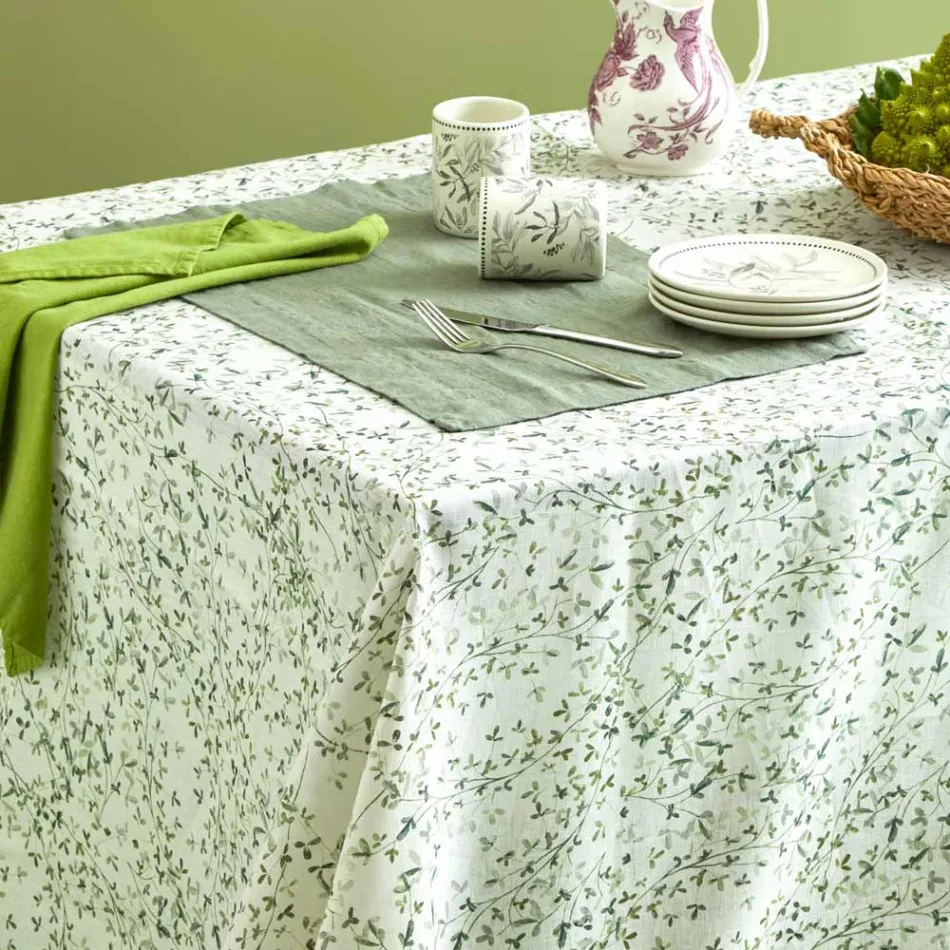 Nappe en lin imprimé avec de délicates fantaisies végétales Made in Italy - Velours Viadurini