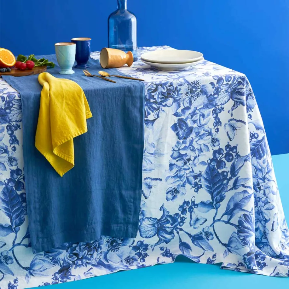 Nappe en lin imprimé et lavable avec un motif floral luxuriant - Caress Viadurini