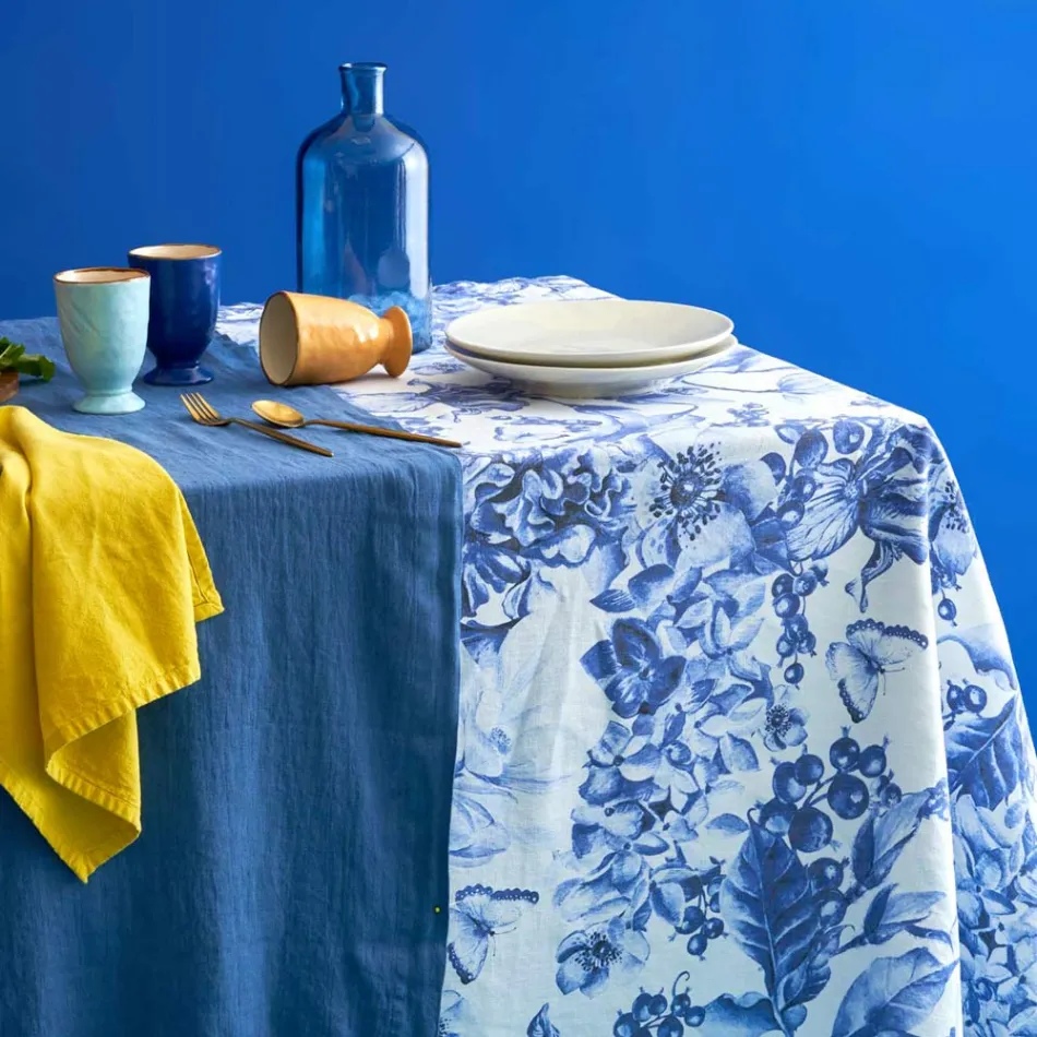 Nappe en lin imprimé et lavable avec un motif floral luxuriant - Caress Viadurini