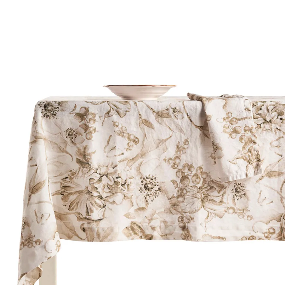 Nappe en lin imprimé et lavable avec un motif floral luxuriant - Caress Viadurini