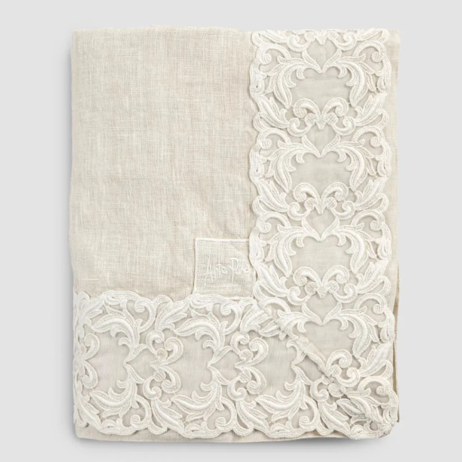 Nappe rectangulaire en lin beige avec dentelle Farnèse de luxe artisanale - Kippel Viadurini