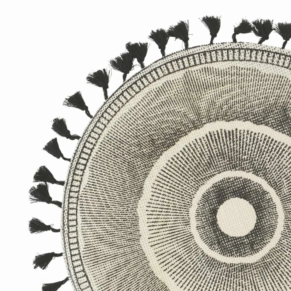 Set de Table Petit Déjeuner Rond en Jute à Franges Noires 12 Pièces - Casside Viadurini