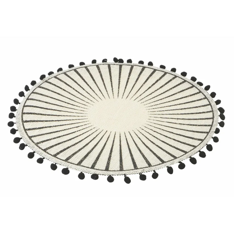 Set de Table Petit Déjeuner Rond en Jute avec Pompons Noirs 12 Pièces - Casside Viadurini