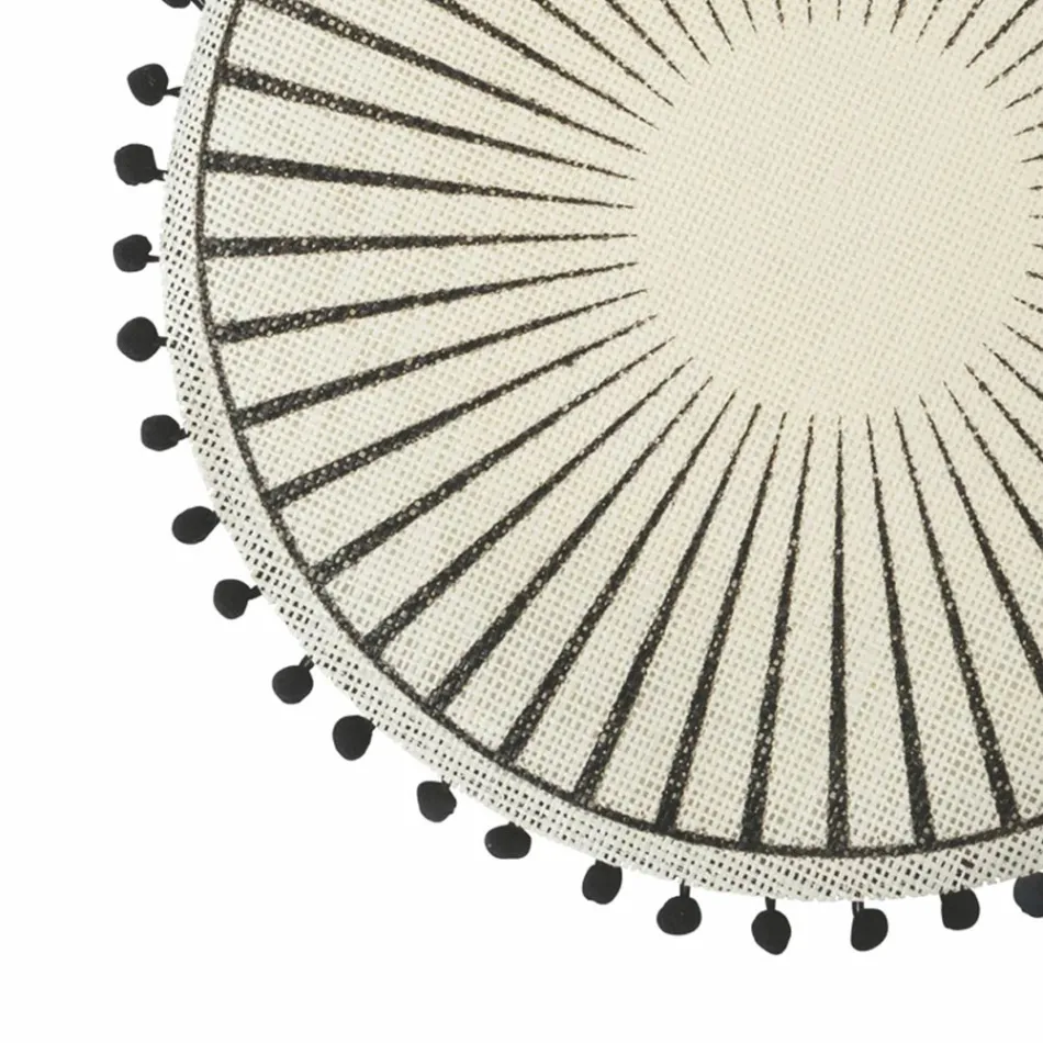 Set de Table Petit Déjeuner Rond en Jute avec Pompons Noirs 12 Pièces - Casside Viadurini