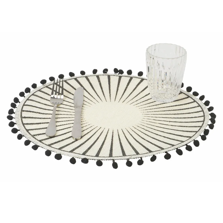 Set de Table Petit Déjeuner Rond en Jute avec Pompons Noirs 12 Pièces - Casside Viadurini