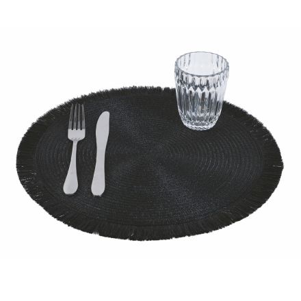 Sets de Table Petit Déjeuner Ronds en Polyester Noir avec Franges 12 Pcs - Saretta Viadurini