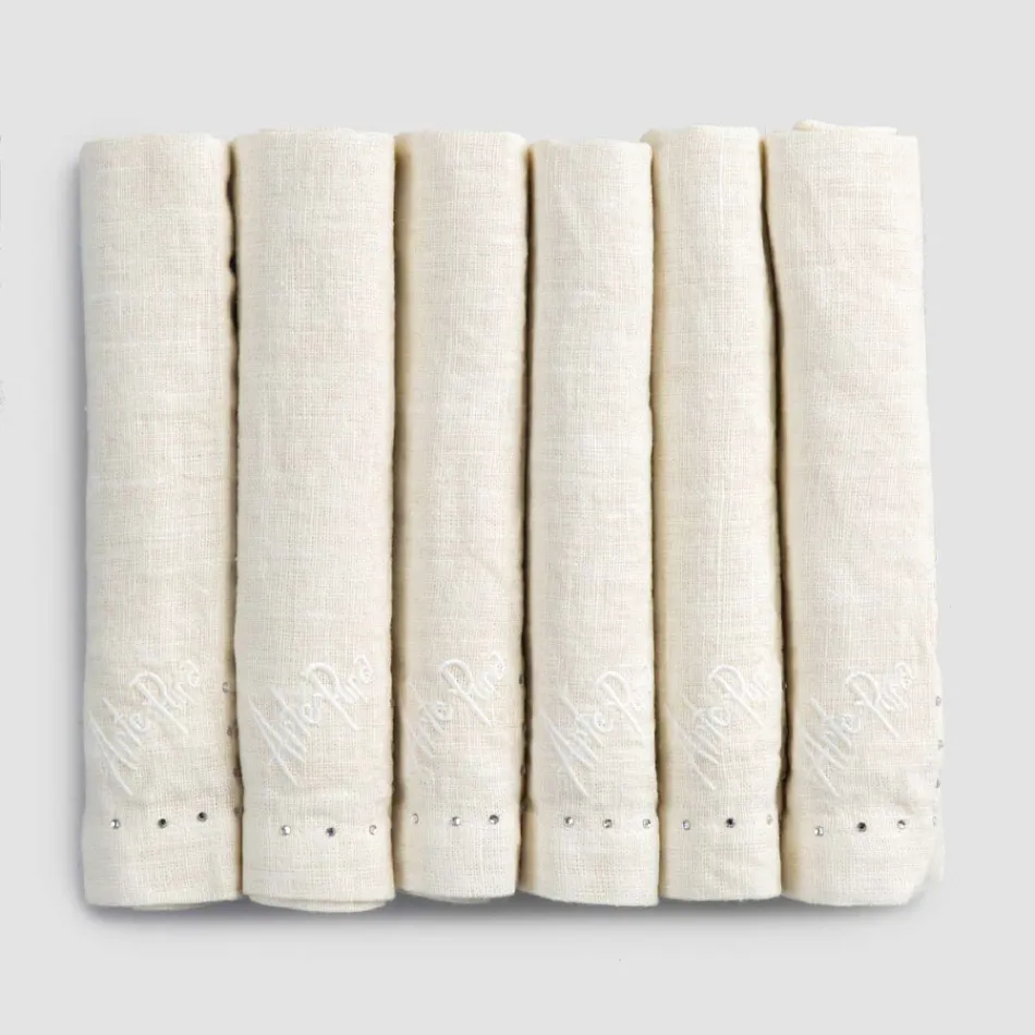 Serviettes en lin avec cristaux noirs ou beurre, 6 pièces Italian Luxury - Prezio Viadurini
