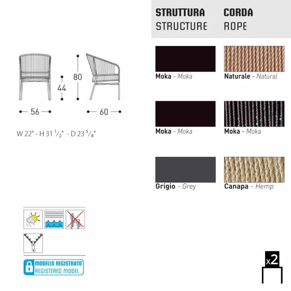 Varaschin chaise Cricket avec extérieurs, 2 pièces tissées à la main Viadurini