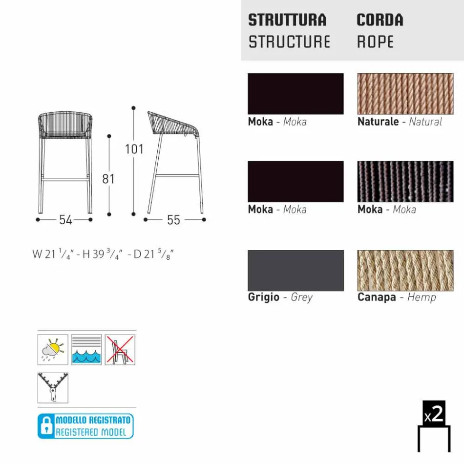 Varaschin Cricket Tabouret design haut de jardin moderne, 2 pièces Viadurini