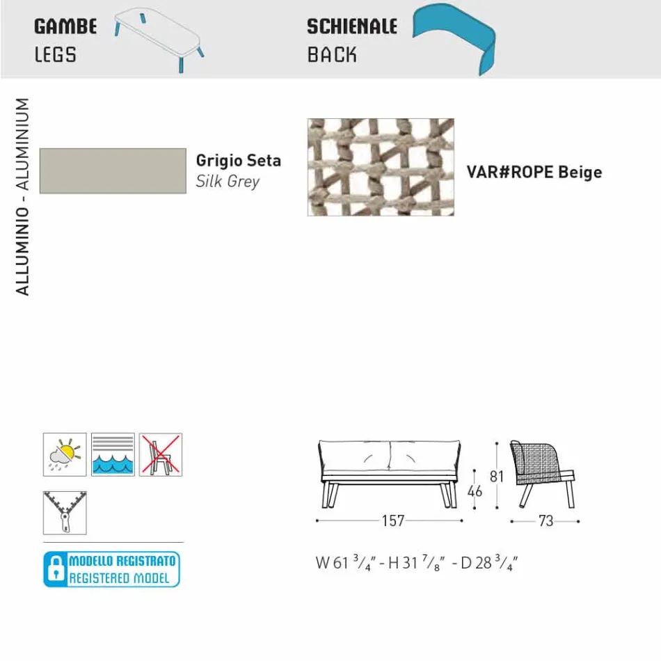 Canapé de jardin rembourré moderne à deux places Varaschin Emma Viadurini