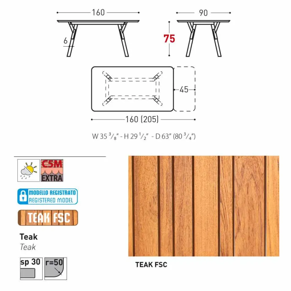 Varaschin Lien jardin table d'extension avec des pieds en teck, H75 cm Viadurini