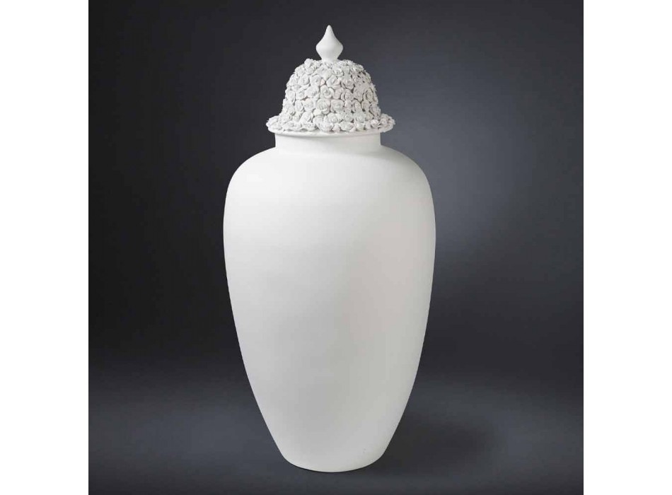 Grand vase en céramique blanche avec embout décoré fait à la main en Italie - Verio Viadurini