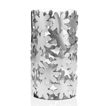 Vase cylindrique en verre et métal argenté et décoration florale de luxe - Terraceo Viadurini