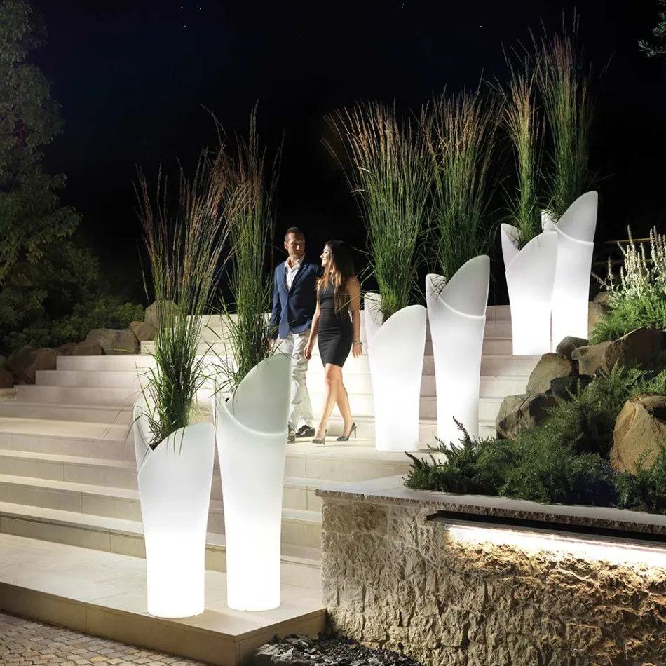 Vase d'extérieur lumineux en polyéthylène blanc fabriqué en Italie - Galileo Viadurini