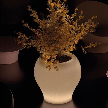 Vase de jardin lumineux en polyéthylène albâtre, fabriqué en Italie - Lotus Viadurini