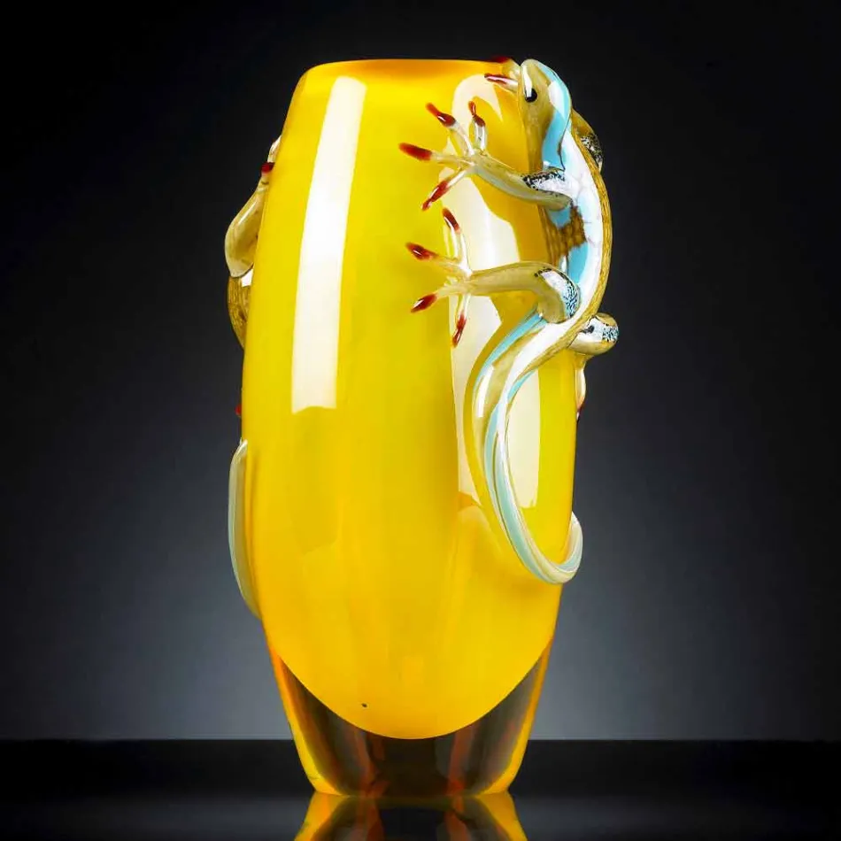 Vase d'intérieur en vitrail avec geckos fait à la main en Italie - Geco Viadurini