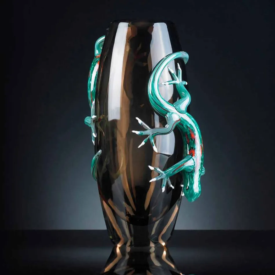 Vase d'intérieur en vitrail avec geckos fait à la main en Italie - Geco Viadurini