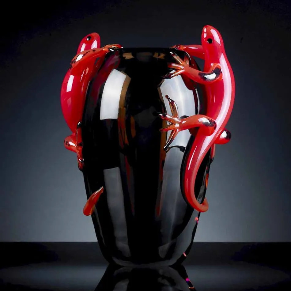 Vase d'intérieur en vitrail avec geckos fait à la main en Italie - Geco Viadurini