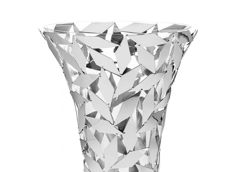 Vase de luxe élégant en verre et décorations géométriques en métal argenté - Torresi Viadurini