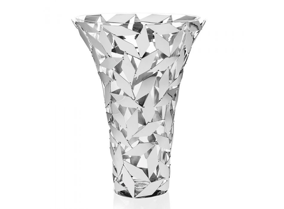 Vase de luxe élégant en verre et décorations géométriques en métal argenté - Torresi Viadurini