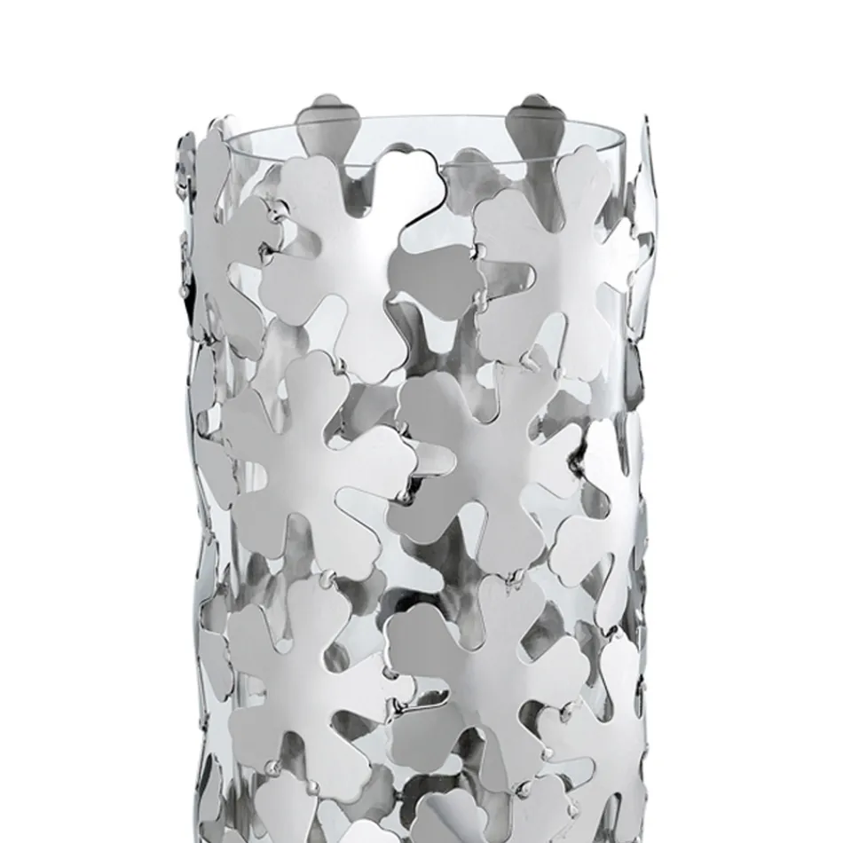 Vase en Métal Argenté et Verre Élégant Design Cylindrique avec Fleurs - Megghy Viadurini