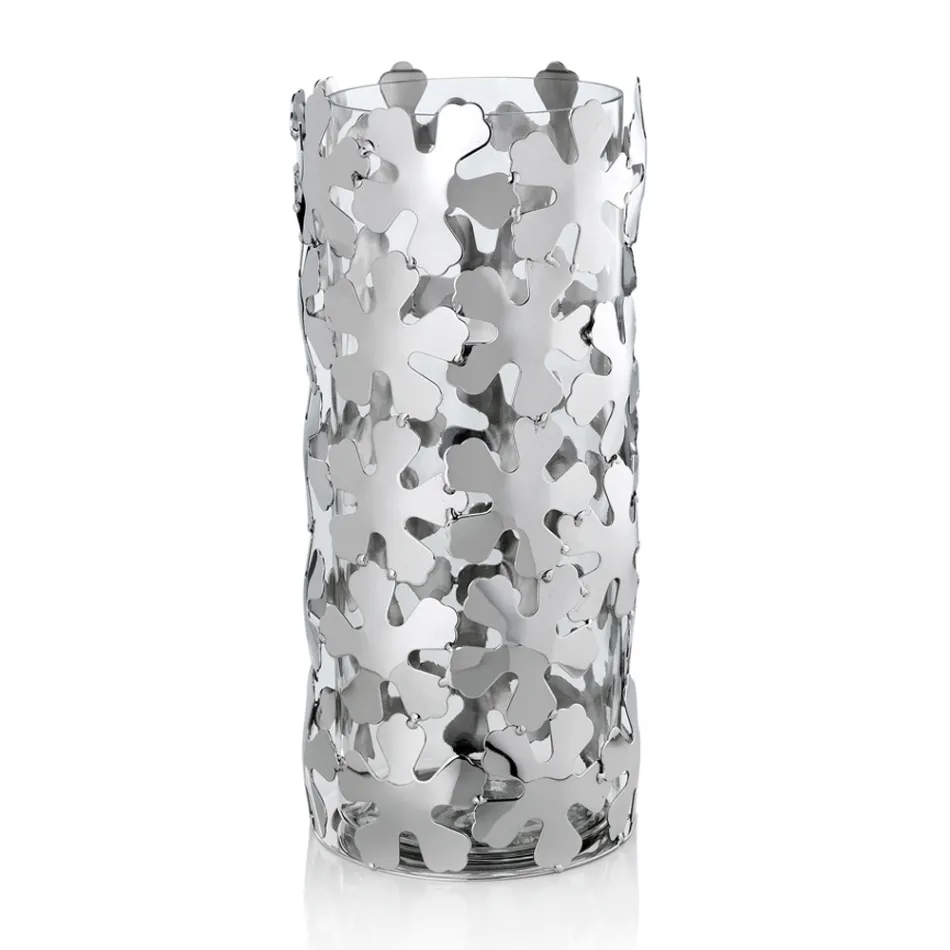 Vase en Métal Argenté et Verre Élégant Design Cylindrique avec Fleurs - Megghy Viadurini