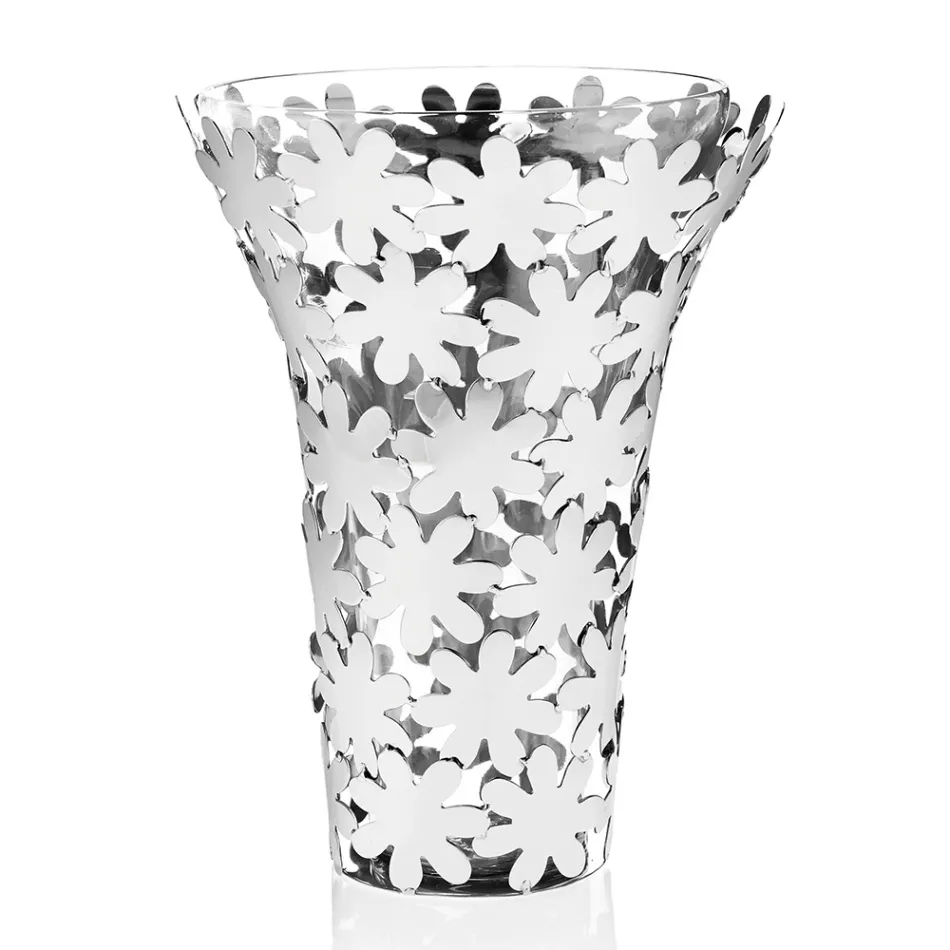 Vase en Verre et Métal Argenté à Décor Fleuri de Luxe - Terraceo Viadurini