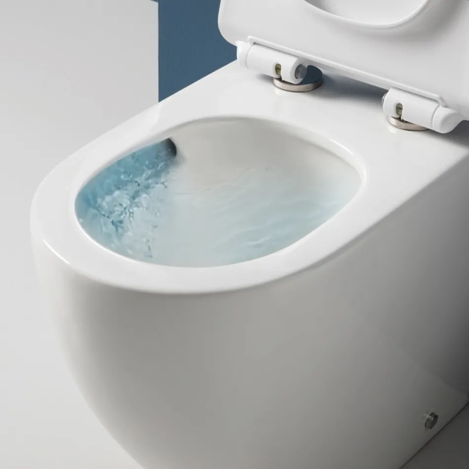 Toilettes Aralia blanches en céramique, à montage sur pied et à effet cyclonique, avec siège à fermeture amortie Viadurini