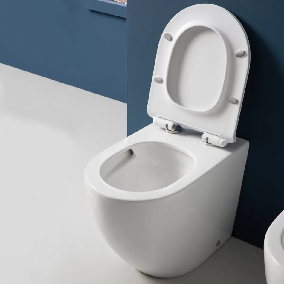 Toilettes Aralia blanches en céramique, à montage sur pied et à effet cyclonique, avec siège à fermeture amortie Viadurini