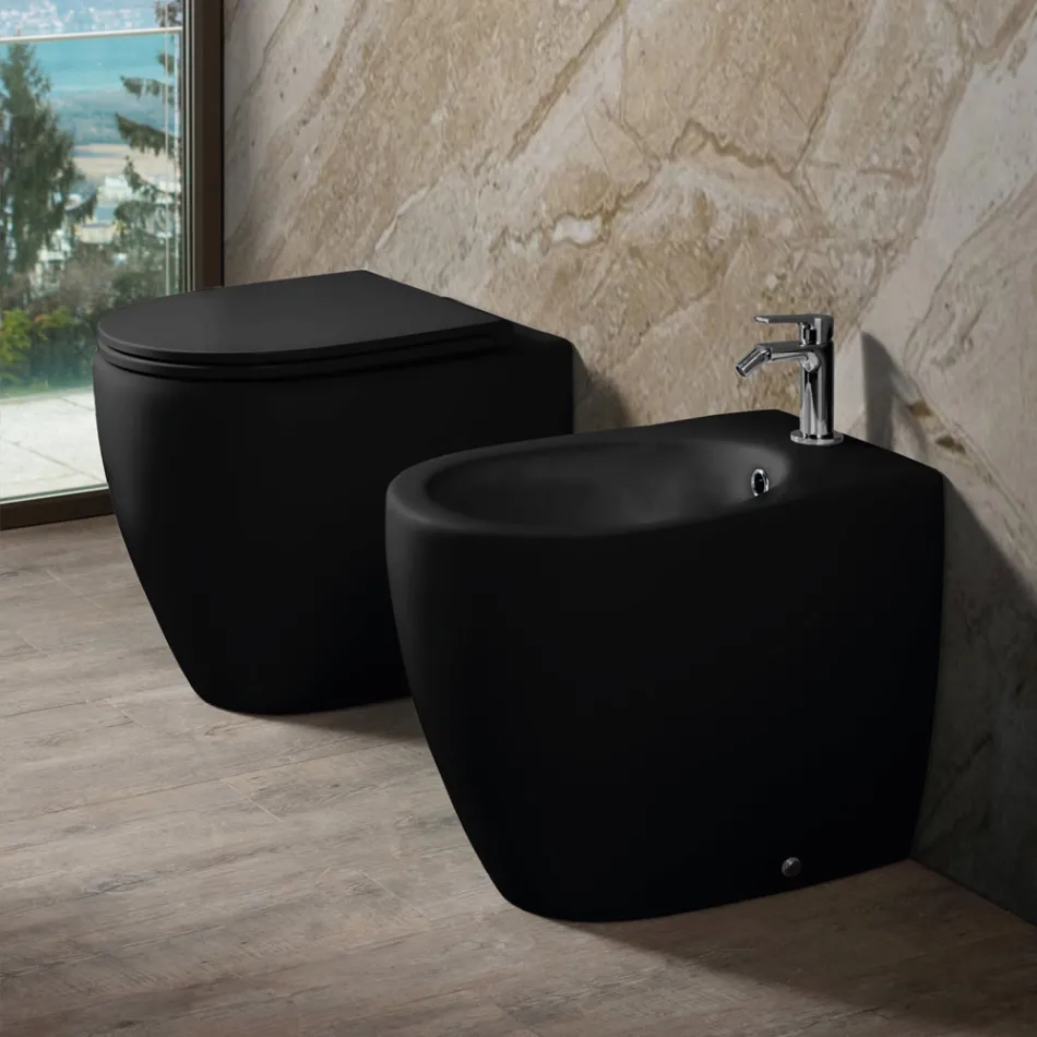 Toilette Aster bicolore en céramique mate sans bride avec siège à fermeture amortie   Viadurini
