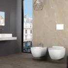 Toilette suspendue sans bride en céramique blanche Aster avec siège à fermeture amortie Viadurini