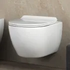 Toilette suspendue sans bride en céramique blanche Aster avec siège à fermeture amortie Viadurini