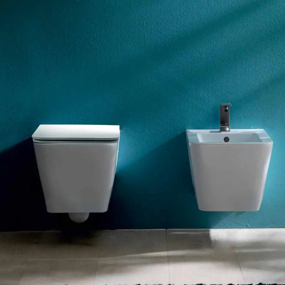 WC suspendu en céramique, design moderne, Sun Square fabriqué en Italie Viadurini
