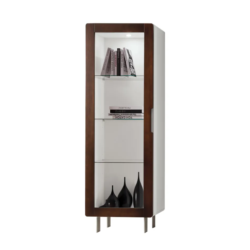 Vitrine de salon avec 1 porte en finition blanc et canaletto fabriquée en Italie - Gerd Viadurini