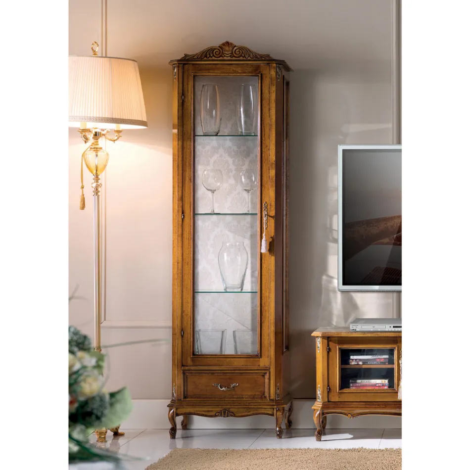 Vitrine de salon classique en bois de noyer 1 porte fabriquée en Italie - Ronald Viadurini