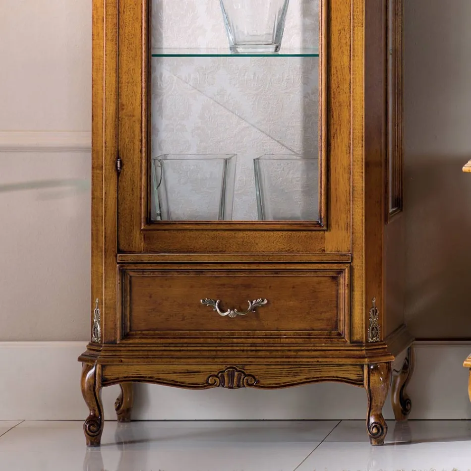 Vitrine de salon classique en bois de noyer 1 porte fabriquée en Italie - Ronald Viadurini