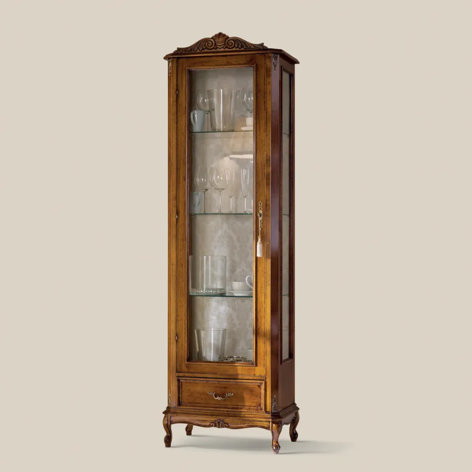 Vitrine de salon classique en bois de noyer 1 porte fabriquée en Italie - Ronald Viadurini