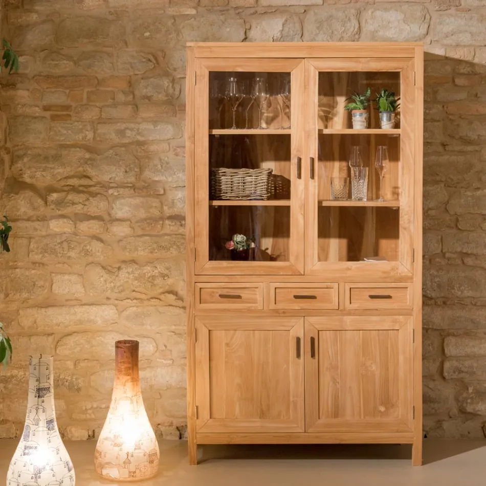 Vitrine de salon Sanda en teck massif avec 4 portes et 3 tiroirs Viadurini