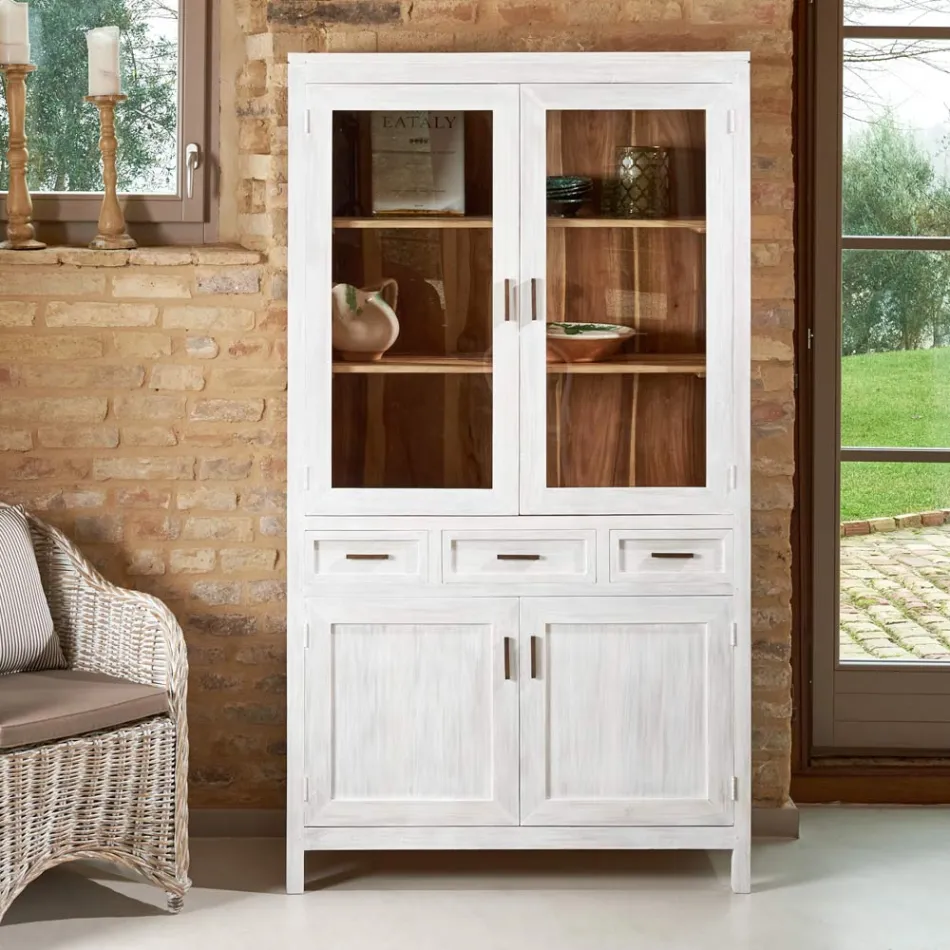 Vitrine de salon Sanda en teck massif avec 4 portes et 3 tiroirs Viadurini